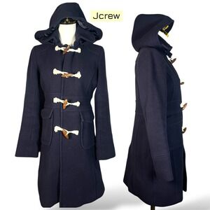 J Crew Navy Wool Blend Hooded Duffle Coat Toggle Buttons Size 4